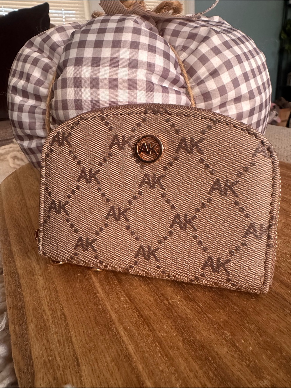 Anne Klein Brown Monogram Cosmetic Pouch with Gold Logo